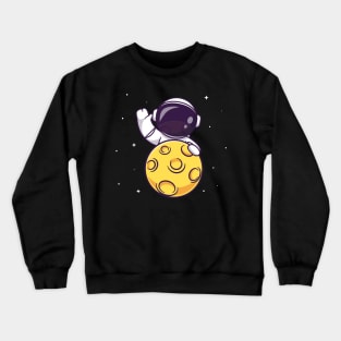 Cute Astronaut Waving Hand On Moon Cartoon Crewneck Sweatshirt